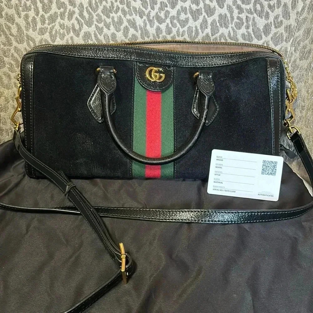 Gucci Black Suede Satchel with Green and Red Stripe and Gold Hardware